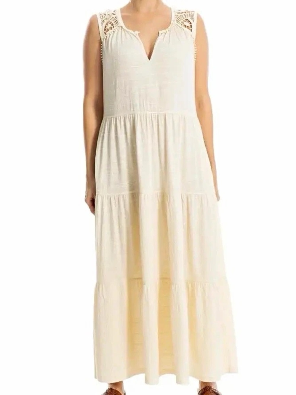 Max Studio Cream Crochet-Shoulder Tiered Maxi Sundress